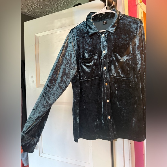 Velvet Teal Shirt Jacket in Deep Blue - Picture 2 of 7